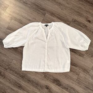 Repeat Buttoned Linen Puff Sleeve Blouse